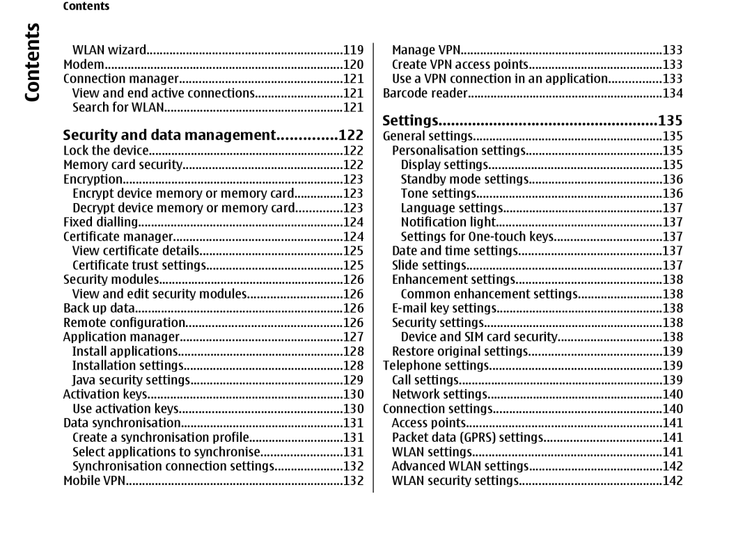 Nokia E66 manual Security and data management 122, Settings 135 