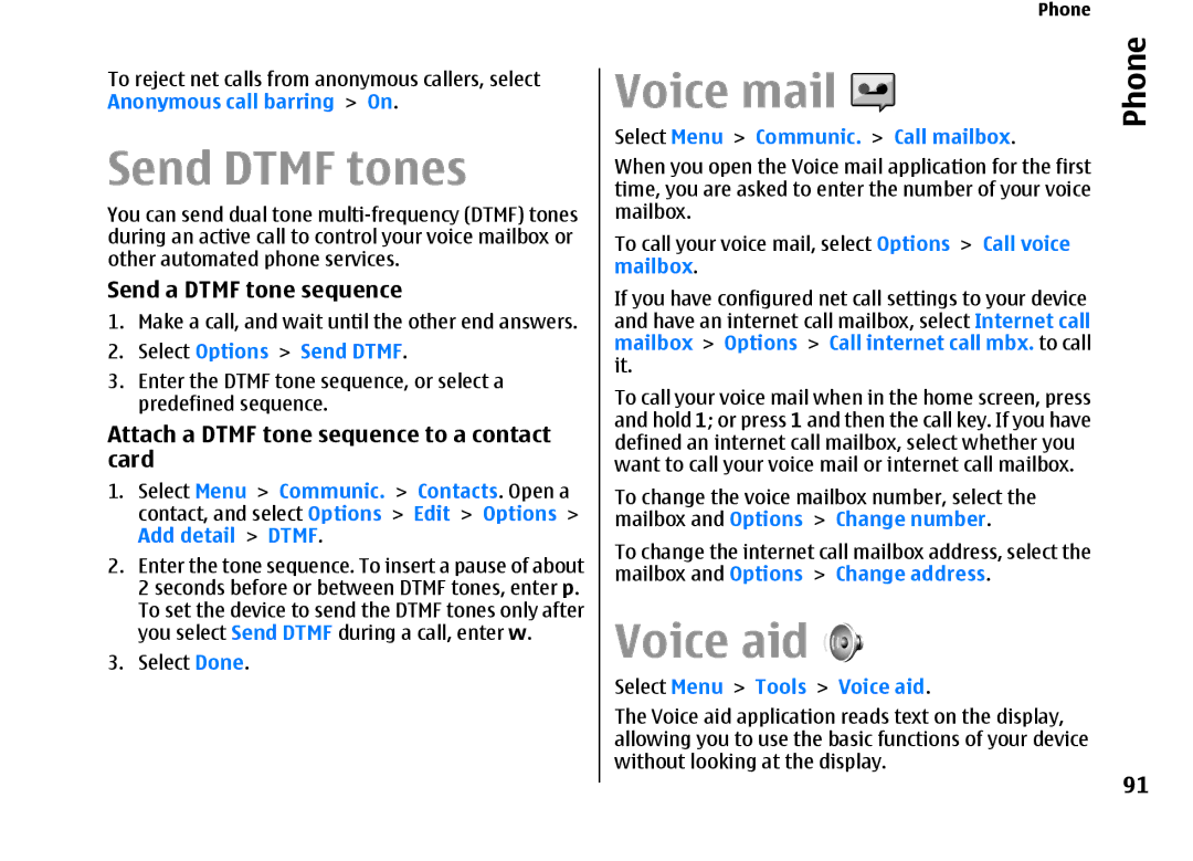 Nokia E66 Send Dtmf tones, Voice mail, Voice aid, Send a Dtmf tone sequence, Attach a Dtmf tone sequence to a contact card 