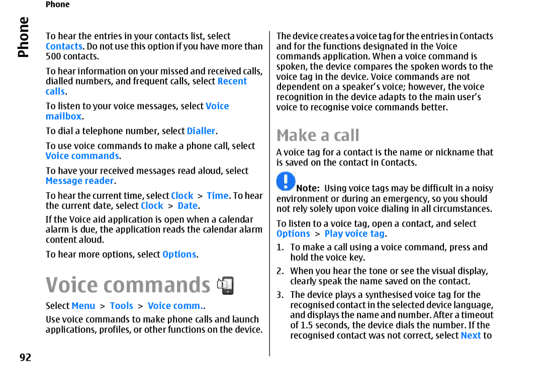 Nokia E66 manual Voice commands, Select Menu Tools Voice comm 