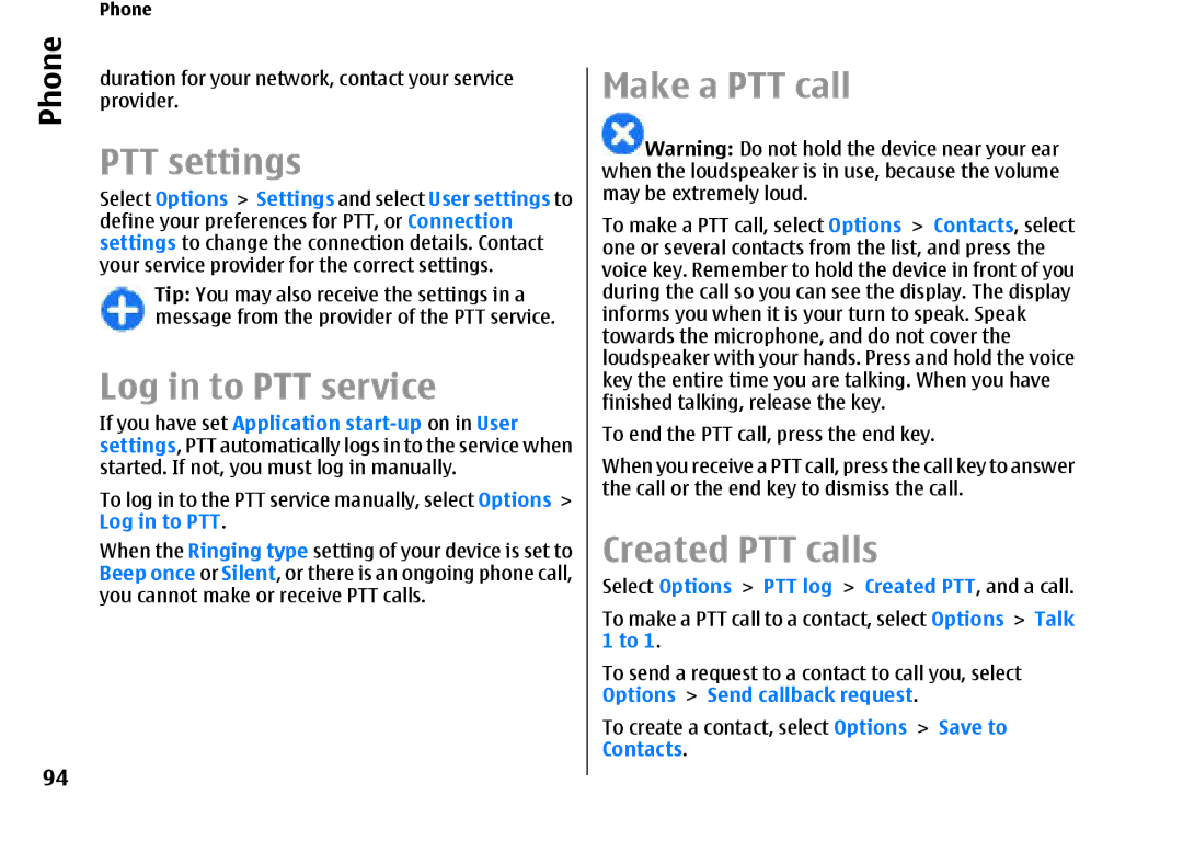 Nokia E66 manual PTT settings, Log in to PTT service, Make a PTT call, Created PTT calls 