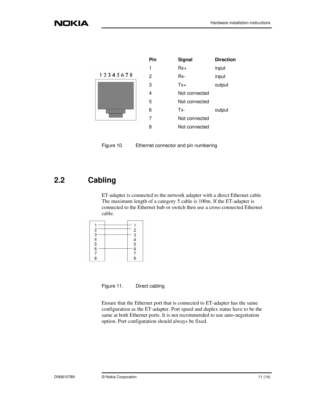 Nokia E66210.32 10/100BASE-T, E66210.33 manual Cabling, Ethernet connector and pin numbering 