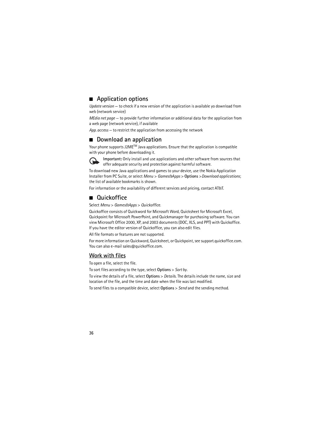 Nokia E71x manual Application options, Download an application, Work with files, Select Menu Games&Apps Quickoffice 