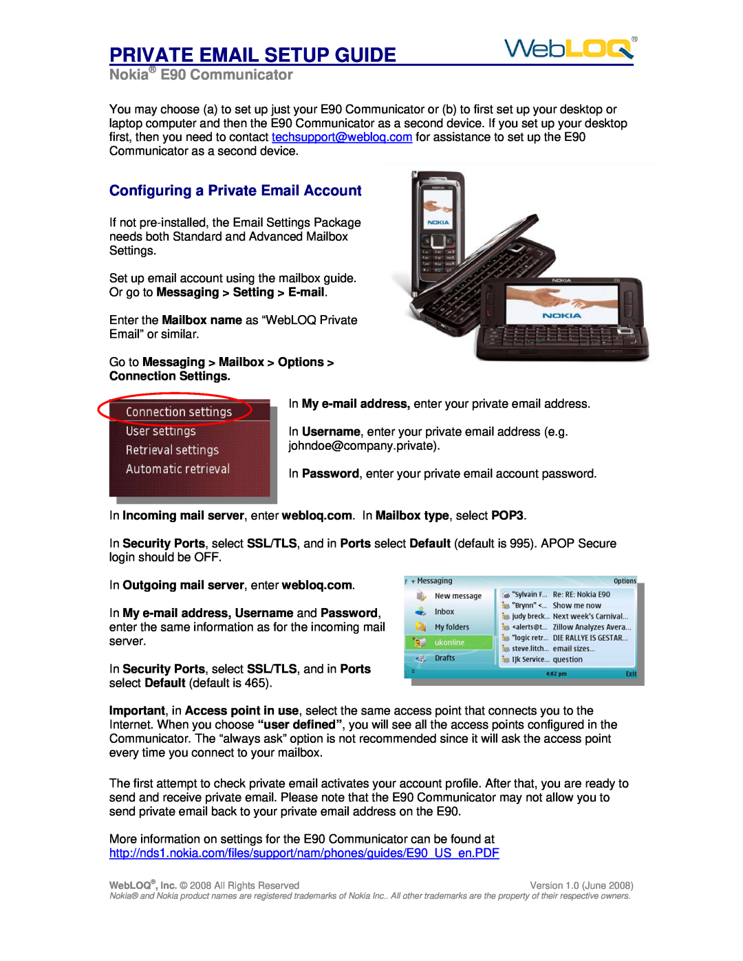 Nokia setup guide Private Email Setup Guide, Nokia E90 Communicator, Configuring a Private Email Account 