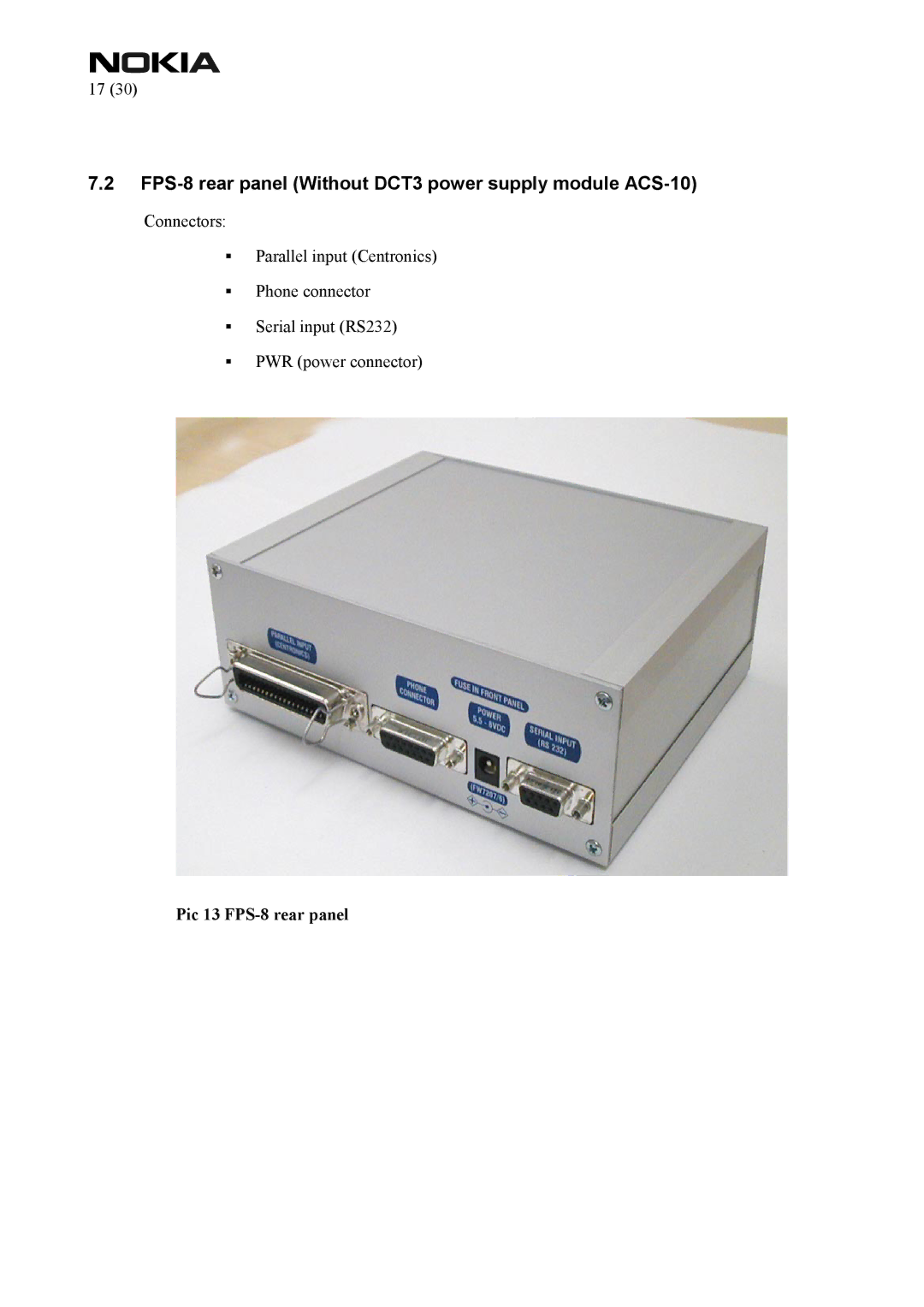 Nokia manual FPS-8 rear panel Without DCT3 power supply module ACS-10 