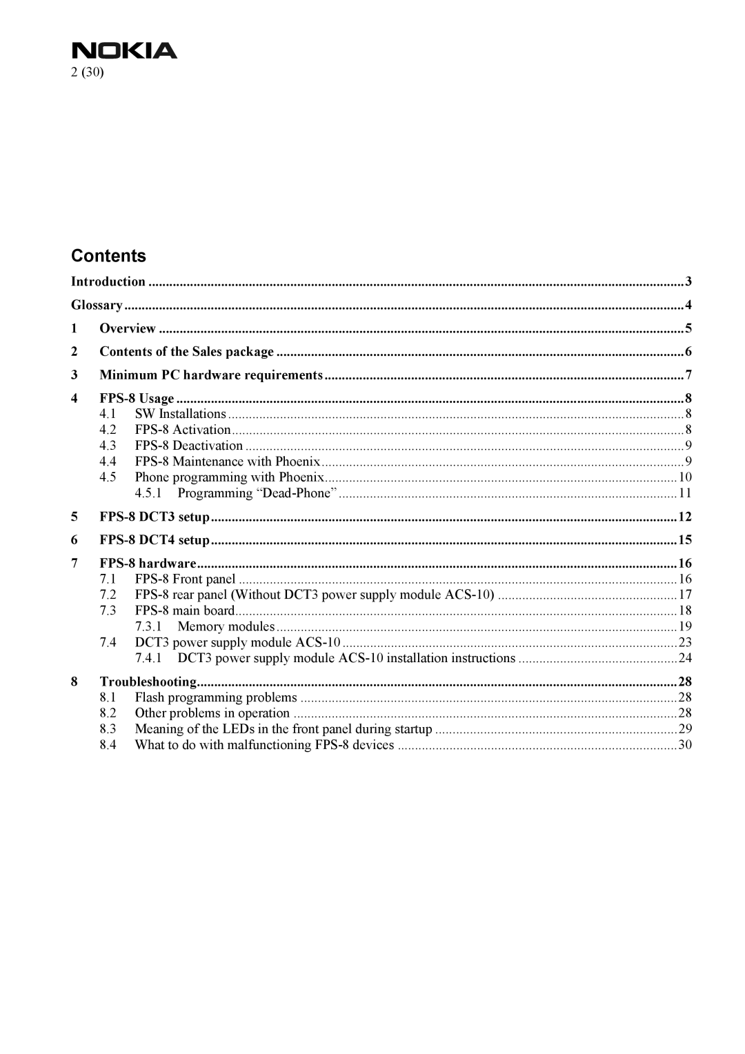 Nokia FPS-8 manual Contents 