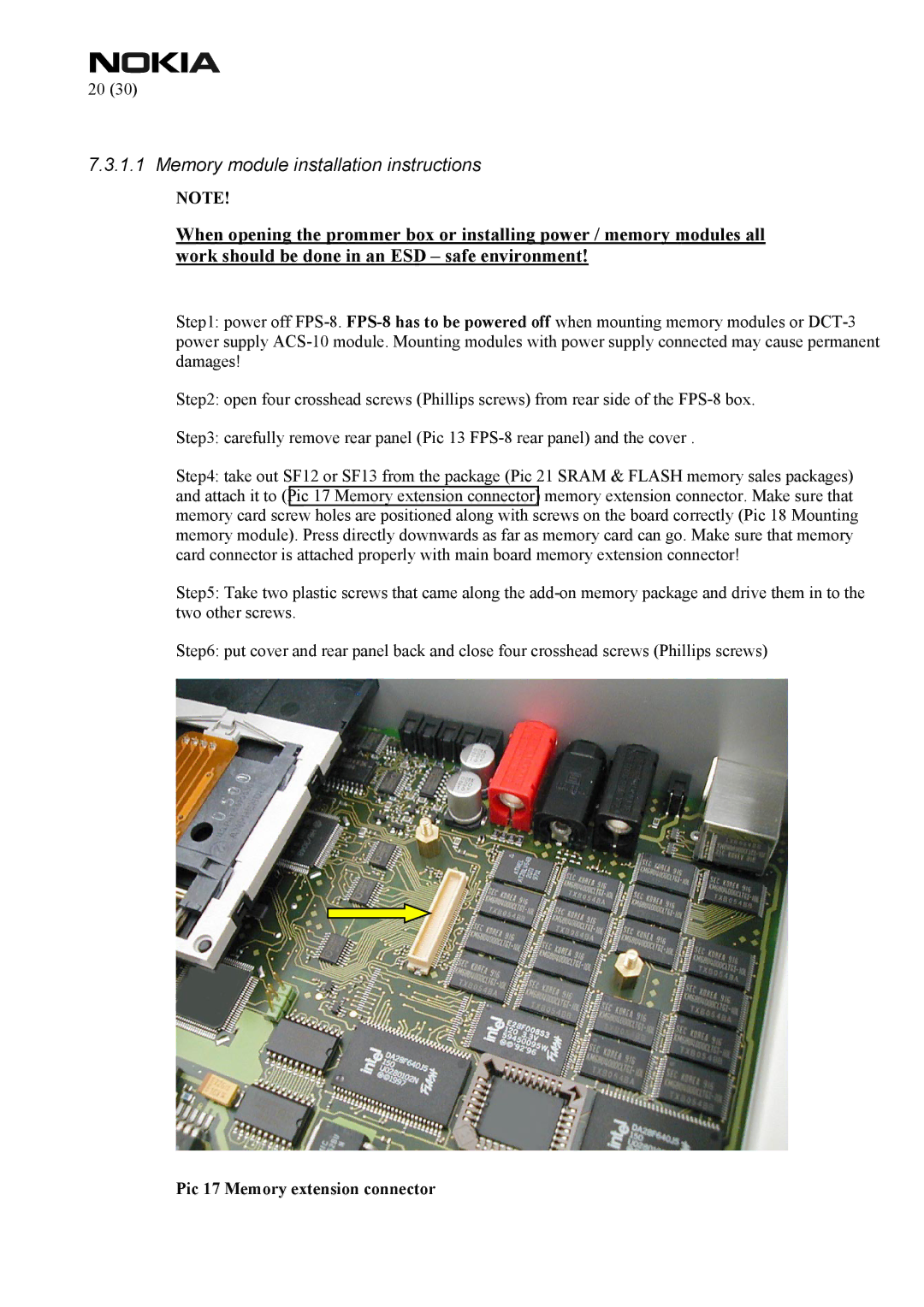 Nokia FPS-8 manual Memory module installation instructions 