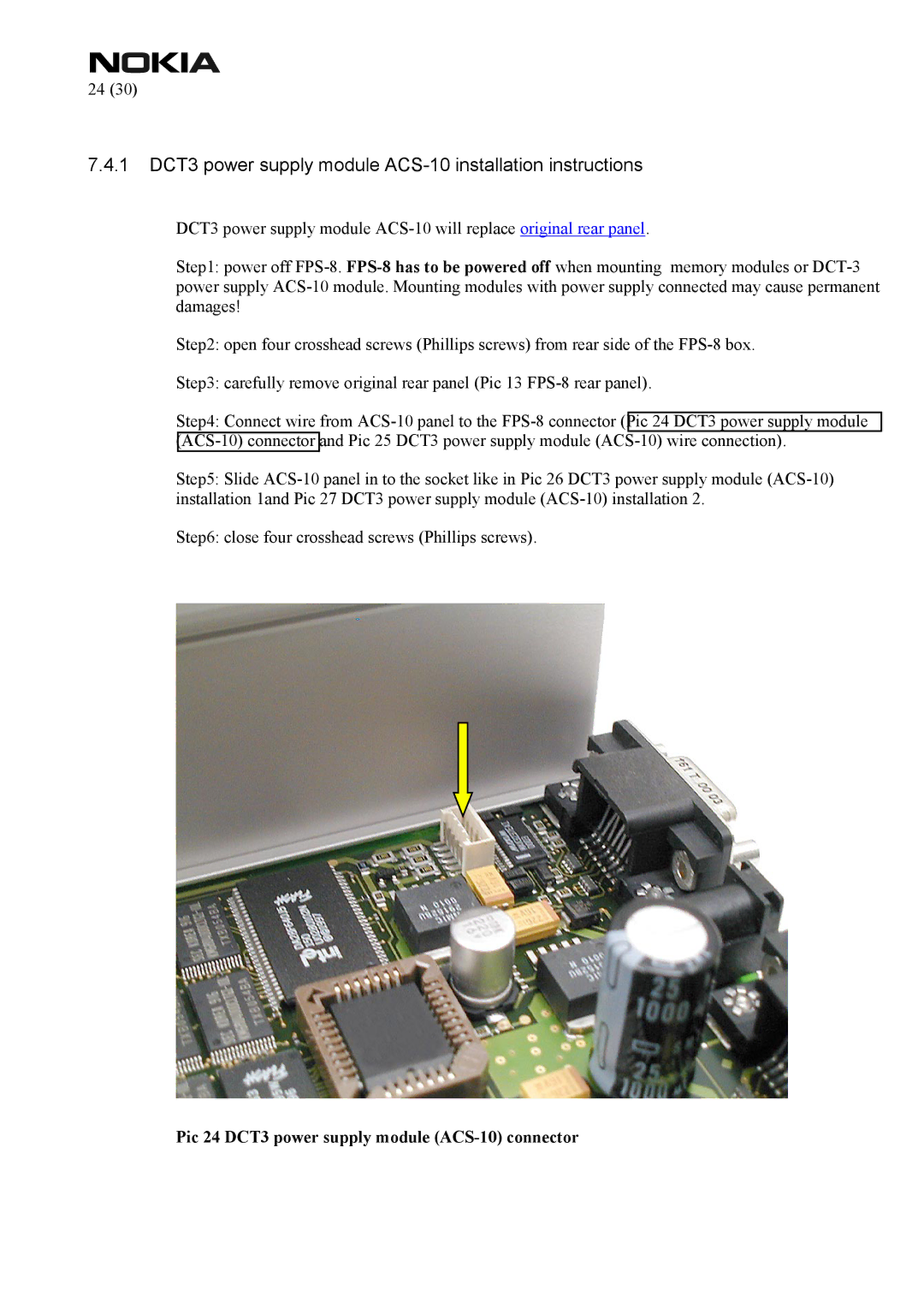 Nokia FPS-8 manual 1 DCT3 power supply module ACS-10 installation instructions 