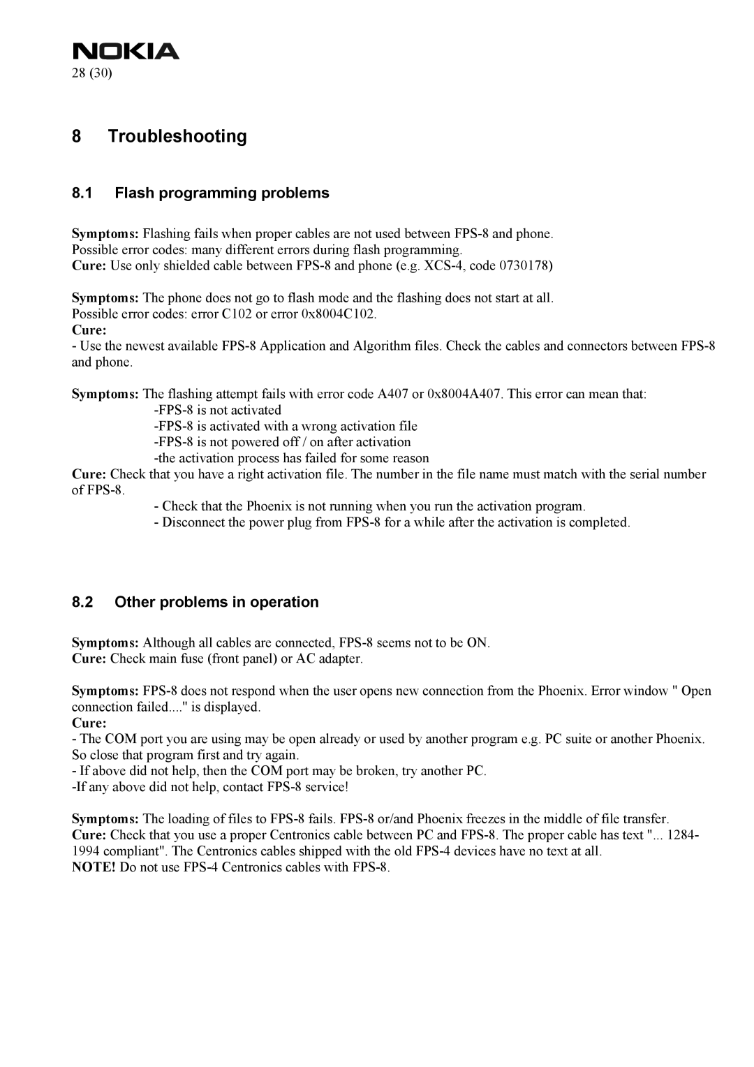 Nokia FPS-8 manual Troubleshooting, Flash programming problems, Other problems in operation 