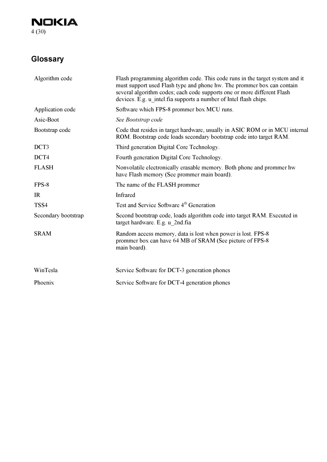 Nokia FPS-8 manual Glossary, See Bootstrap code 