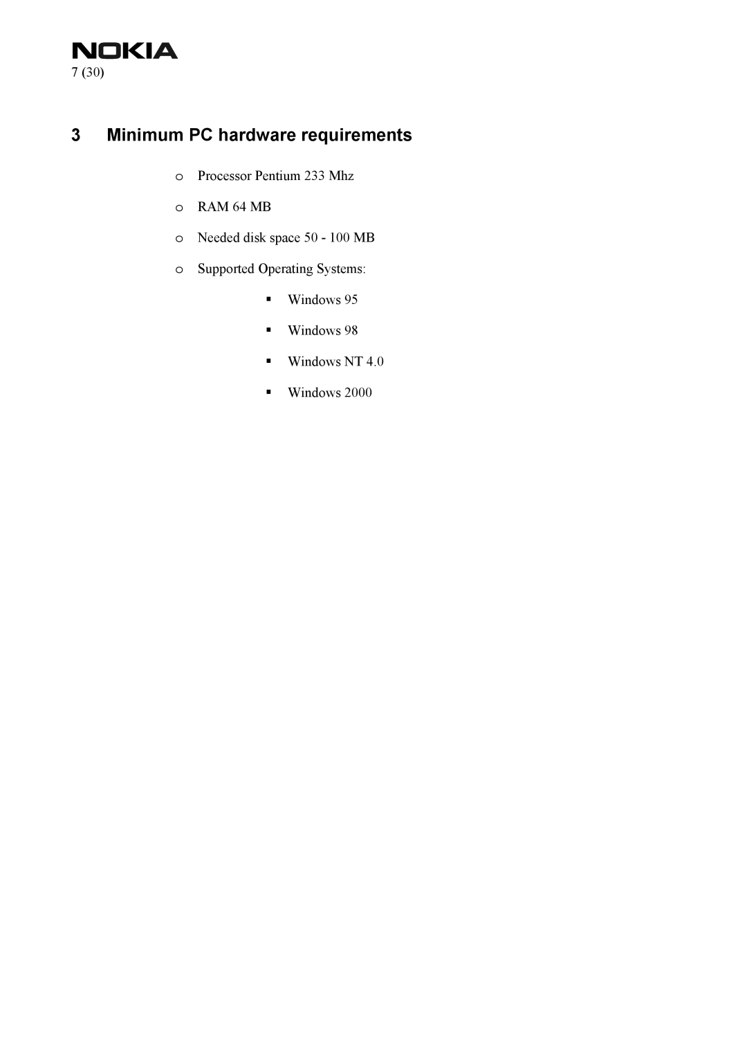 Nokia FPS-8 manual Minimum PC hardware requirements 