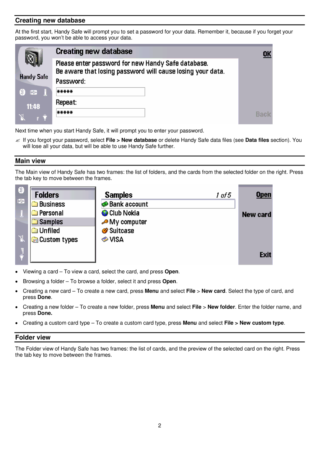 Nokia Handy Safe for Nokia Communicator, 9500, 9300 manual Creating new database, Main view, Folder view 