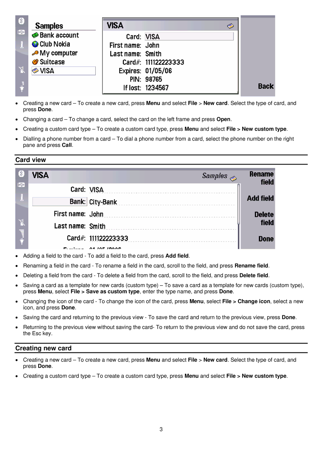 Nokia 9500, 9300, Handy Safe for Nokia Communicator manual Card view, Creating new card 