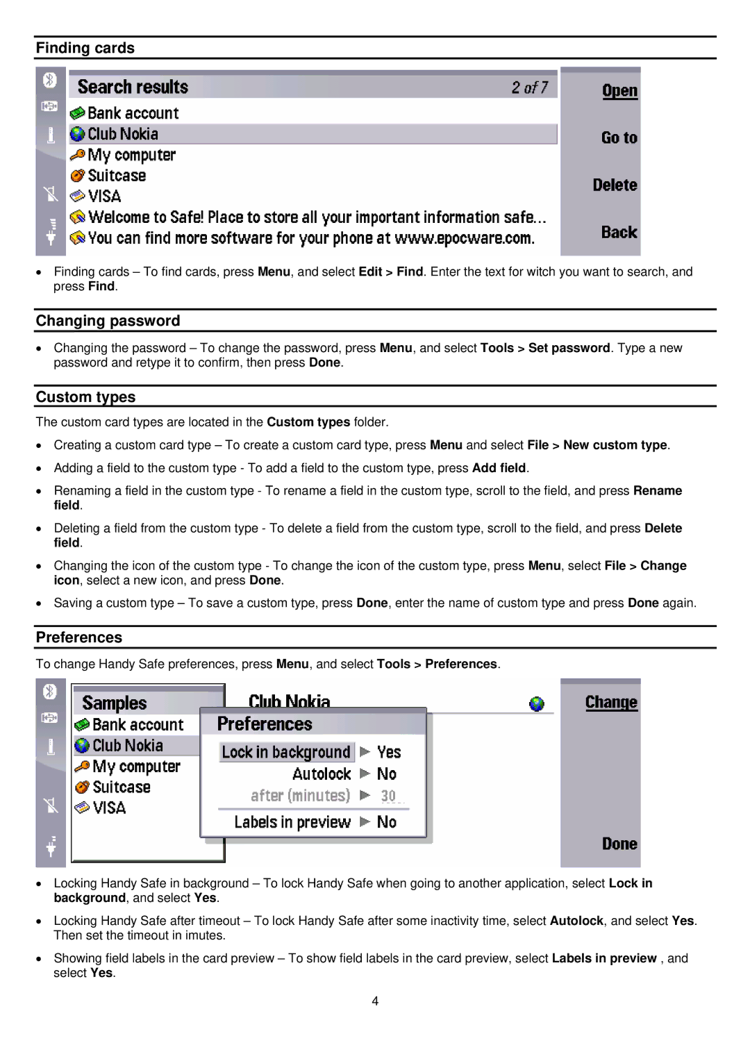 Nokia 9300, 9500, Handy Safe for Nokia Communicator manual Finding cards, Changing password, Custom types, Preferences 