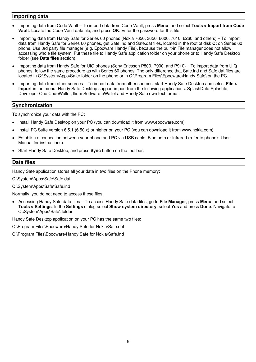 Nokia Handy Safe for Nokia Communicator, 9500, 9300 manual Importing data, Synchronization, Data files 