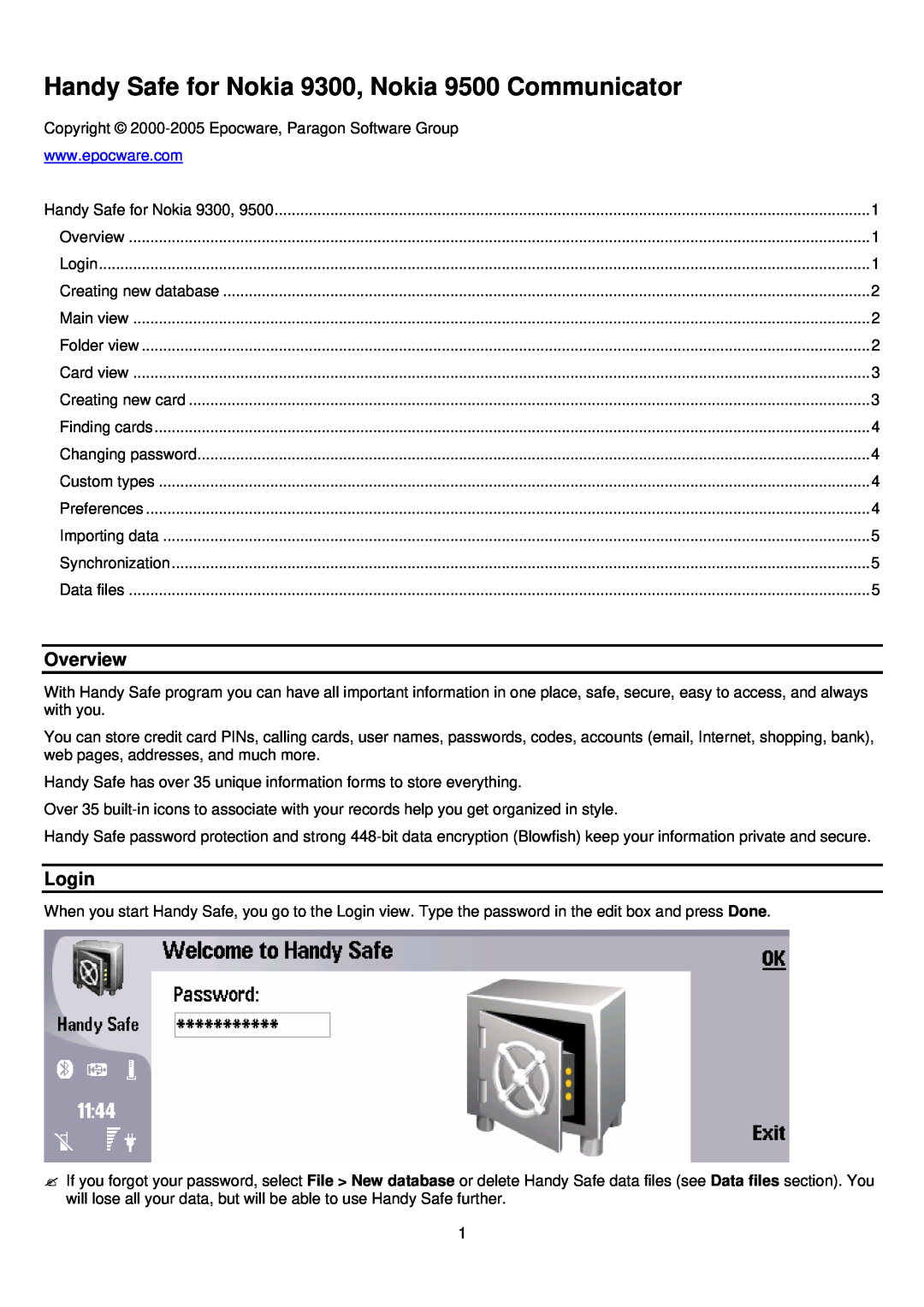 Nokia 9300, 9500, Handy Safe for Nokia Communicator manual Overview, Login 