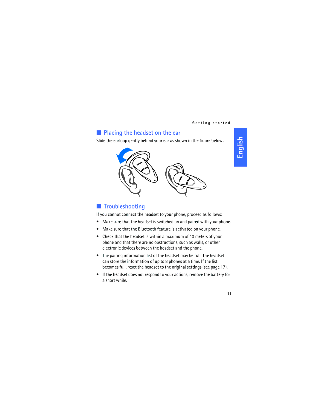 Nokia HDW-3 manual Placing the headset on the ear, Troubleshooting 