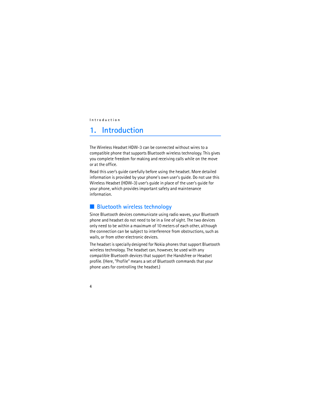 Nokia HDW-3 manual Introduction, Bluetooth wireless technology 