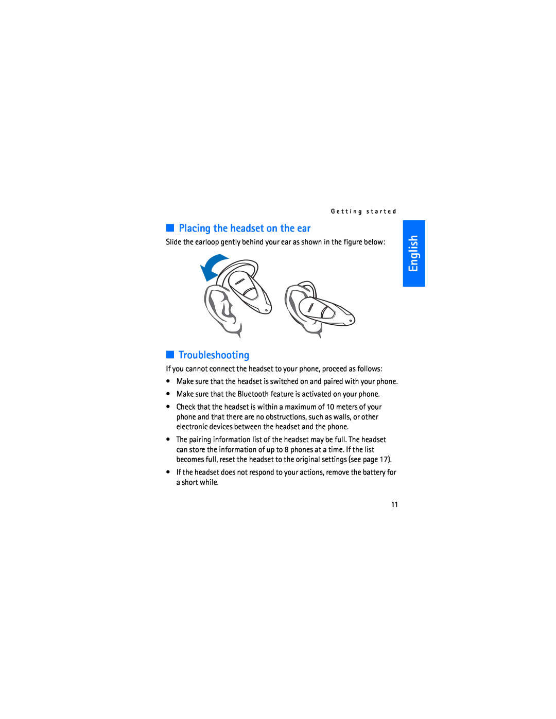 Nokia HDW-3 manual Placing the headset on the ear, Troubleshooting, English 