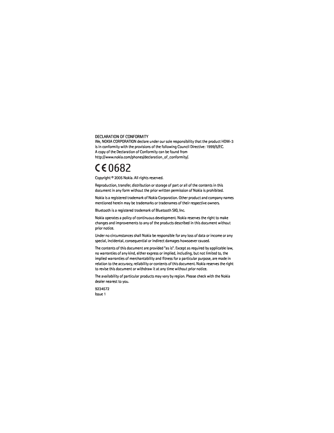 Nokia HDW-3 manual Declaration Of Conformity 