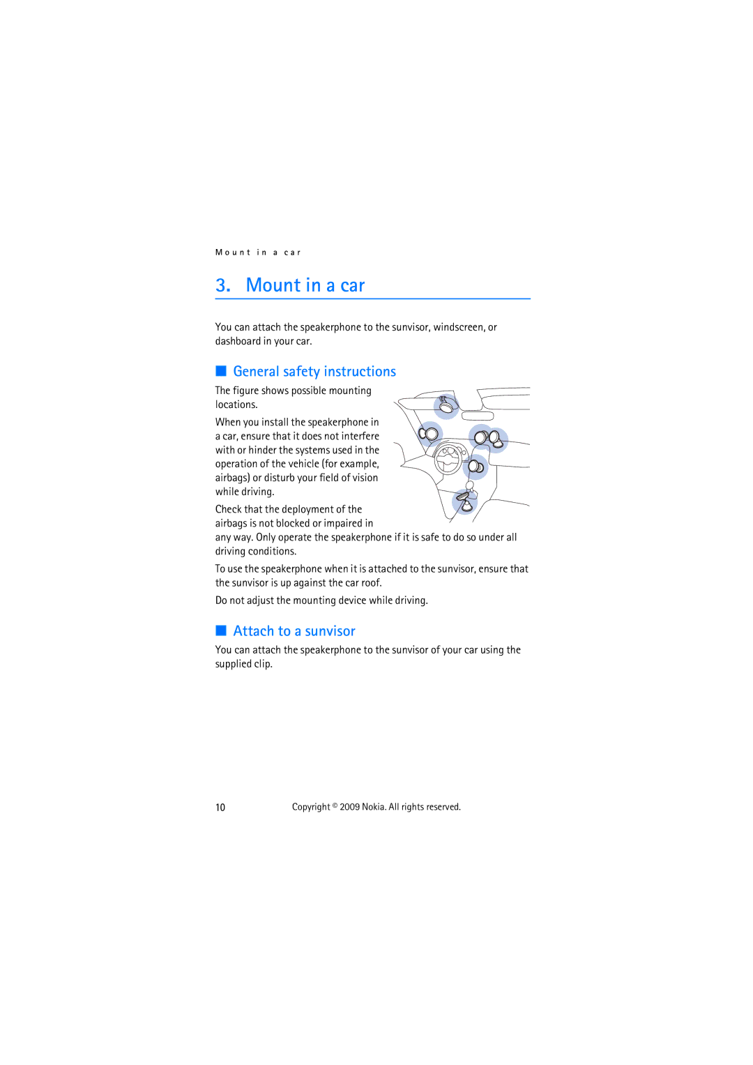 Nokia HF-510 manual Mount in a car, General safety instructions, Attach to a sunvisor 