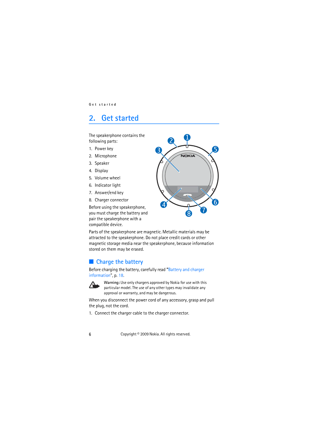 Nokia HF-510 manual Get started, Charge the battery, Speakerphone contains the following parts 