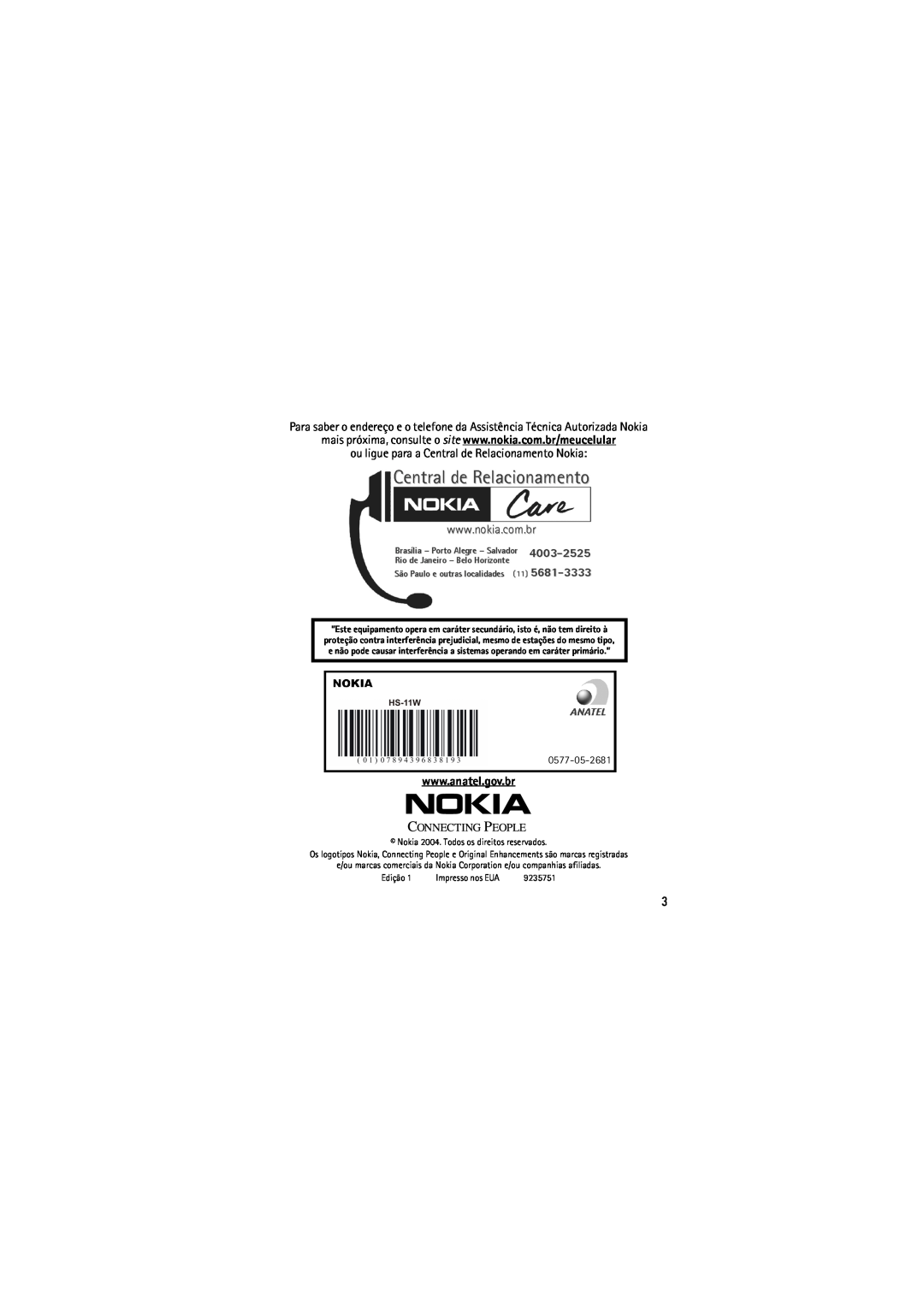 Nokia (HS-11W) manual ou ligue para a Central de Relacionamento Nokia 