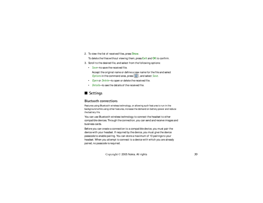 Nokia HS-13W manual Settings, Bluetooth connections 