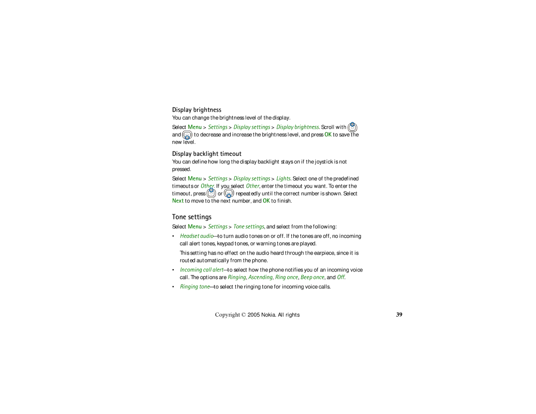 Nokia HS-13W manual Tone settings, Display brightness, Display backlight timeout 