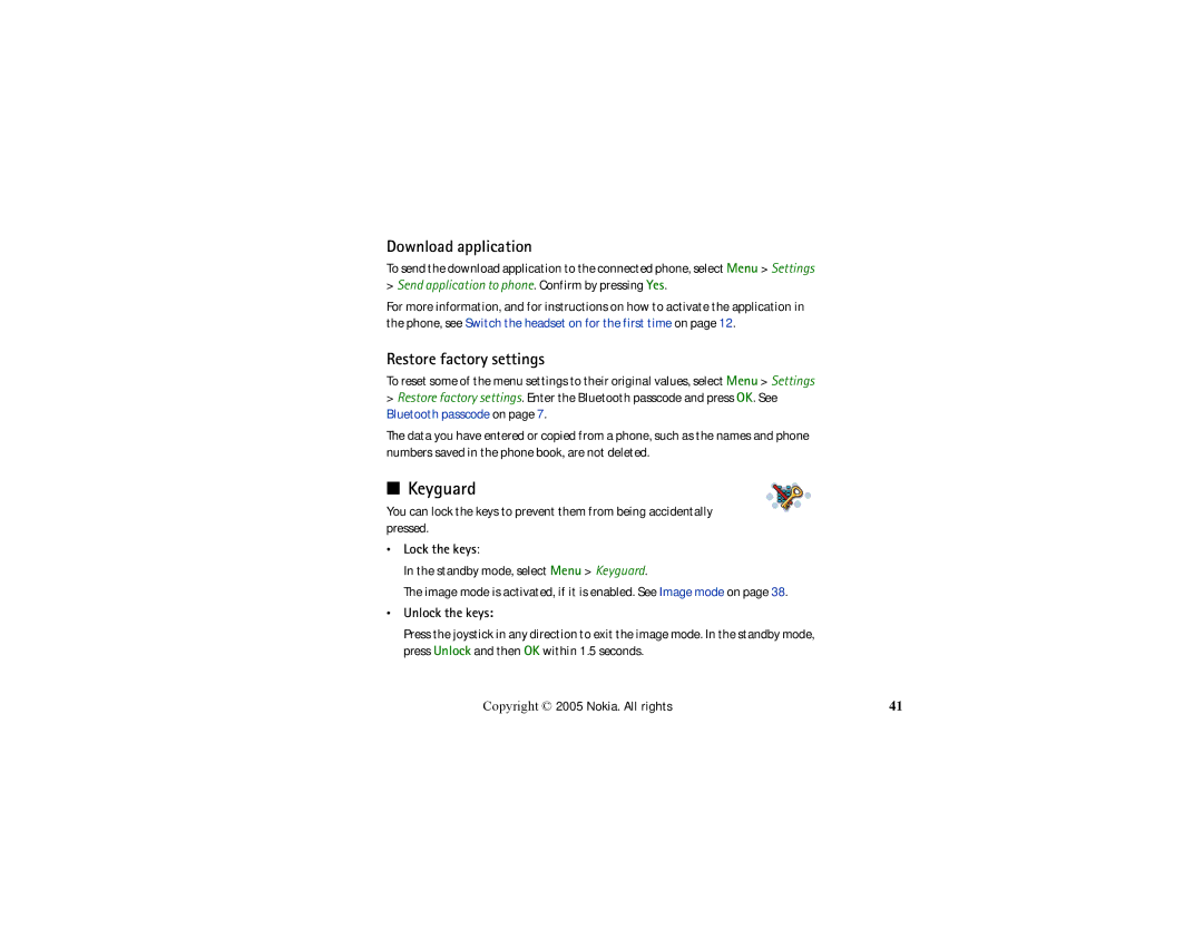 Nokia HS-13W manual Keyguard, Download application, Restore factory settings, Lock the keys, Unlock the keys 