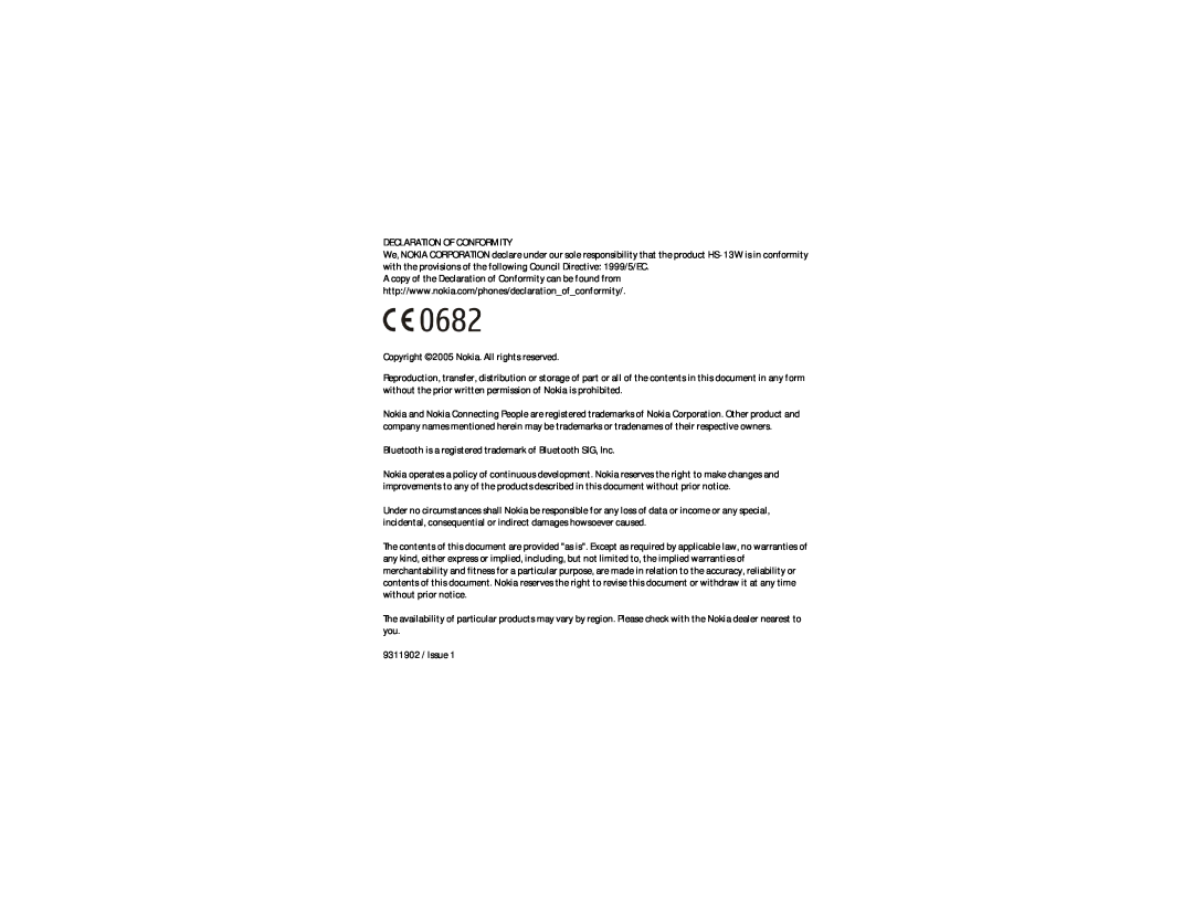Nokia HS-13W manual Declaration Of Conformity 