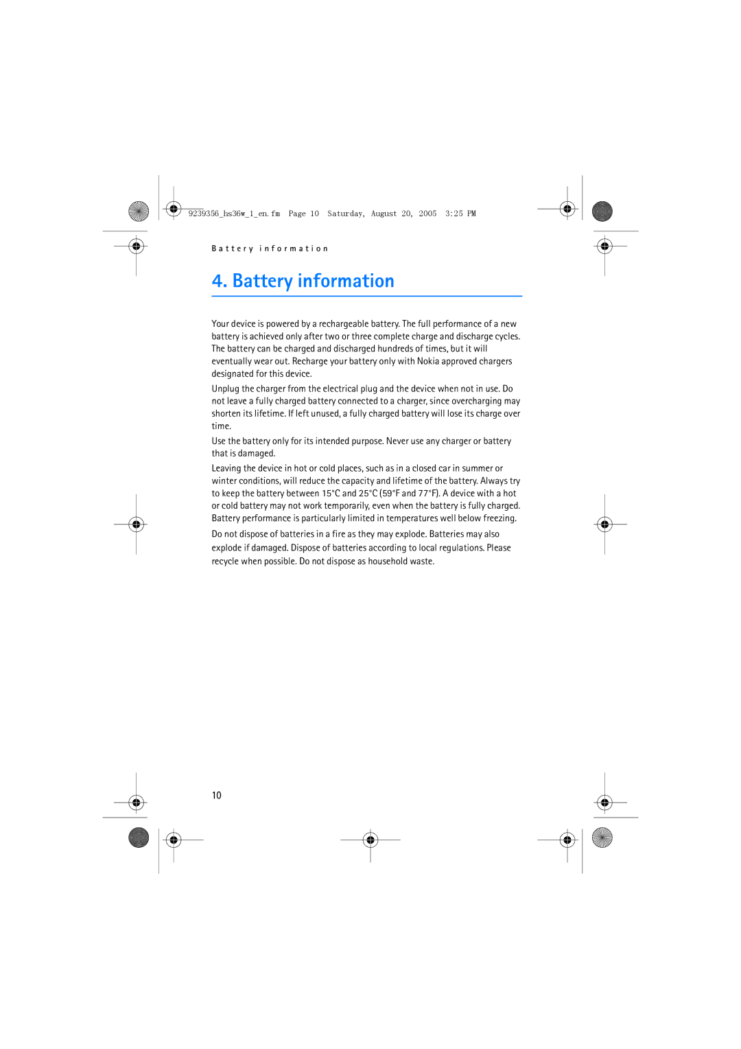 Nokia HS 36W manual Battery information 