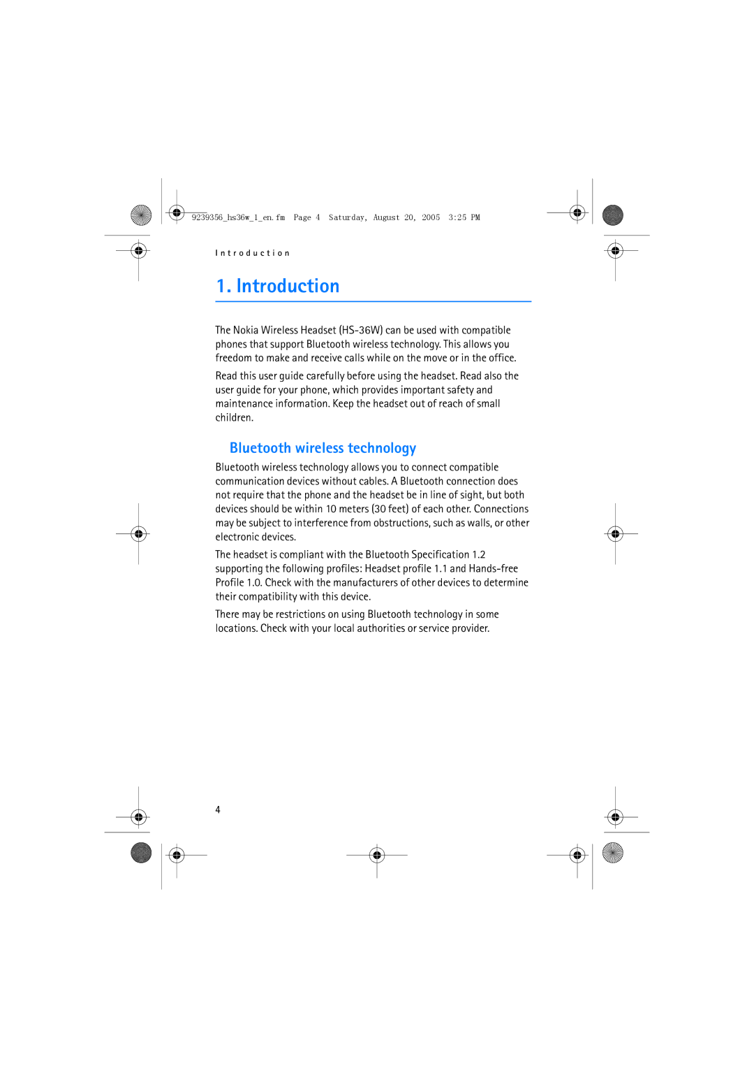 Nokia HS 36W manual Introduction, Bluetooth wireless technology 