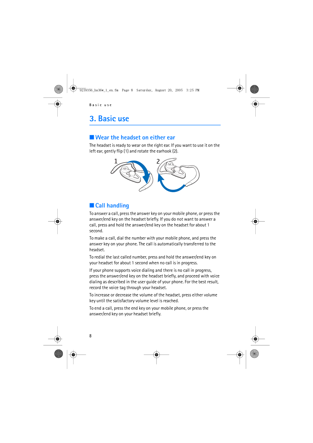 Nokia HS 36W manual Basic use, Wear the headset on either ear, Call handling 