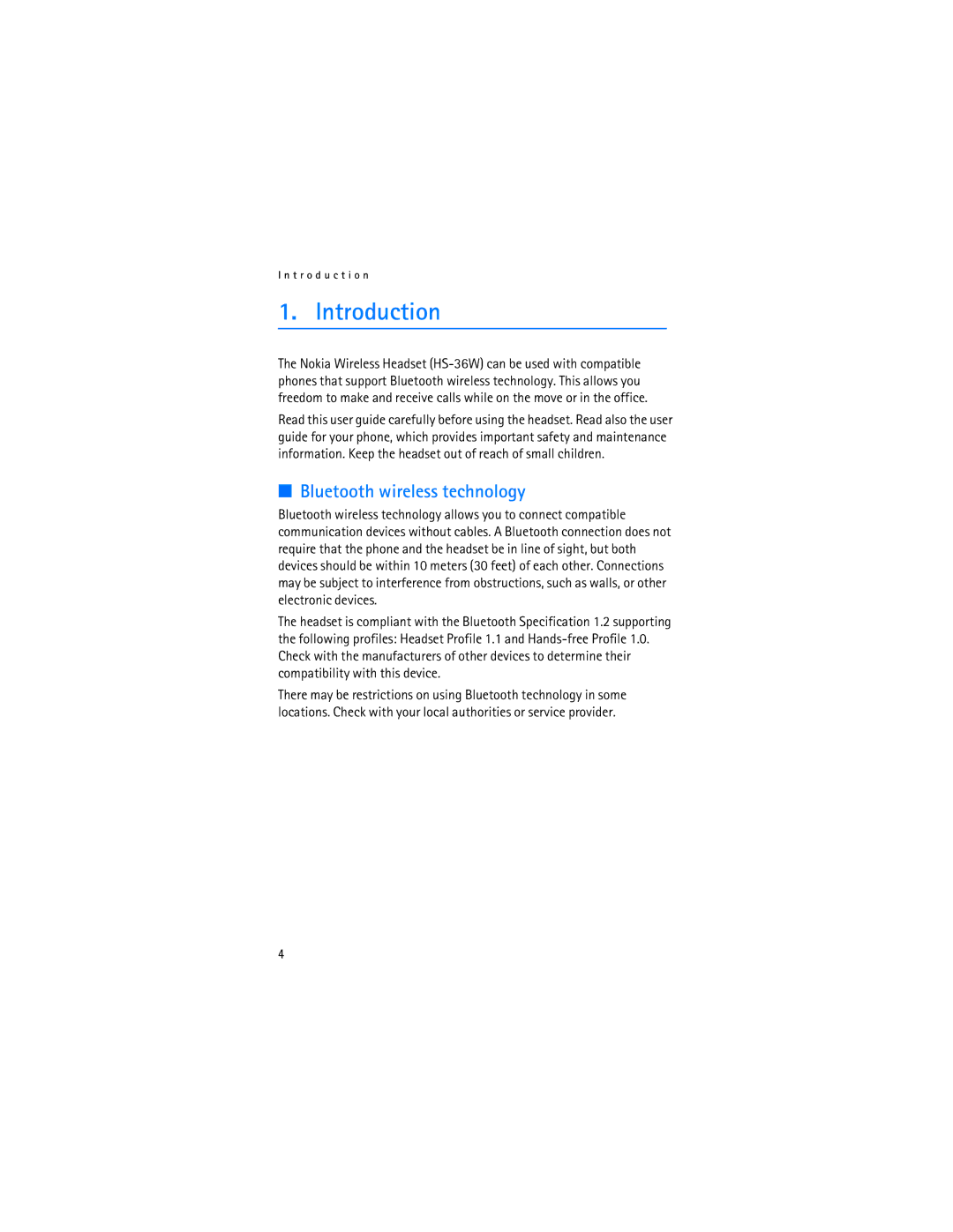 Nokia HS-36W manual Introduction, Bluetooth wireless technology 