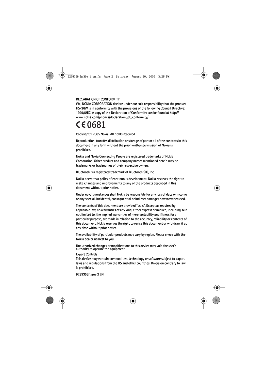 Nokia HS 36W manual Declaration Of Conformity 