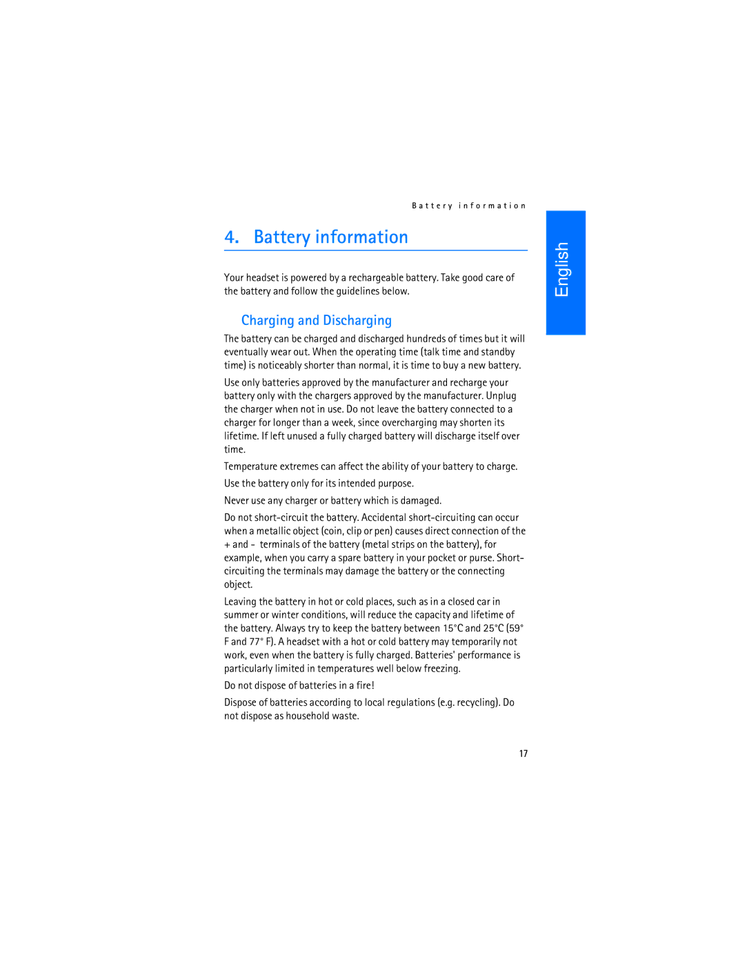 Nokia HS 3W manual Battery information, Charging and Discharging 