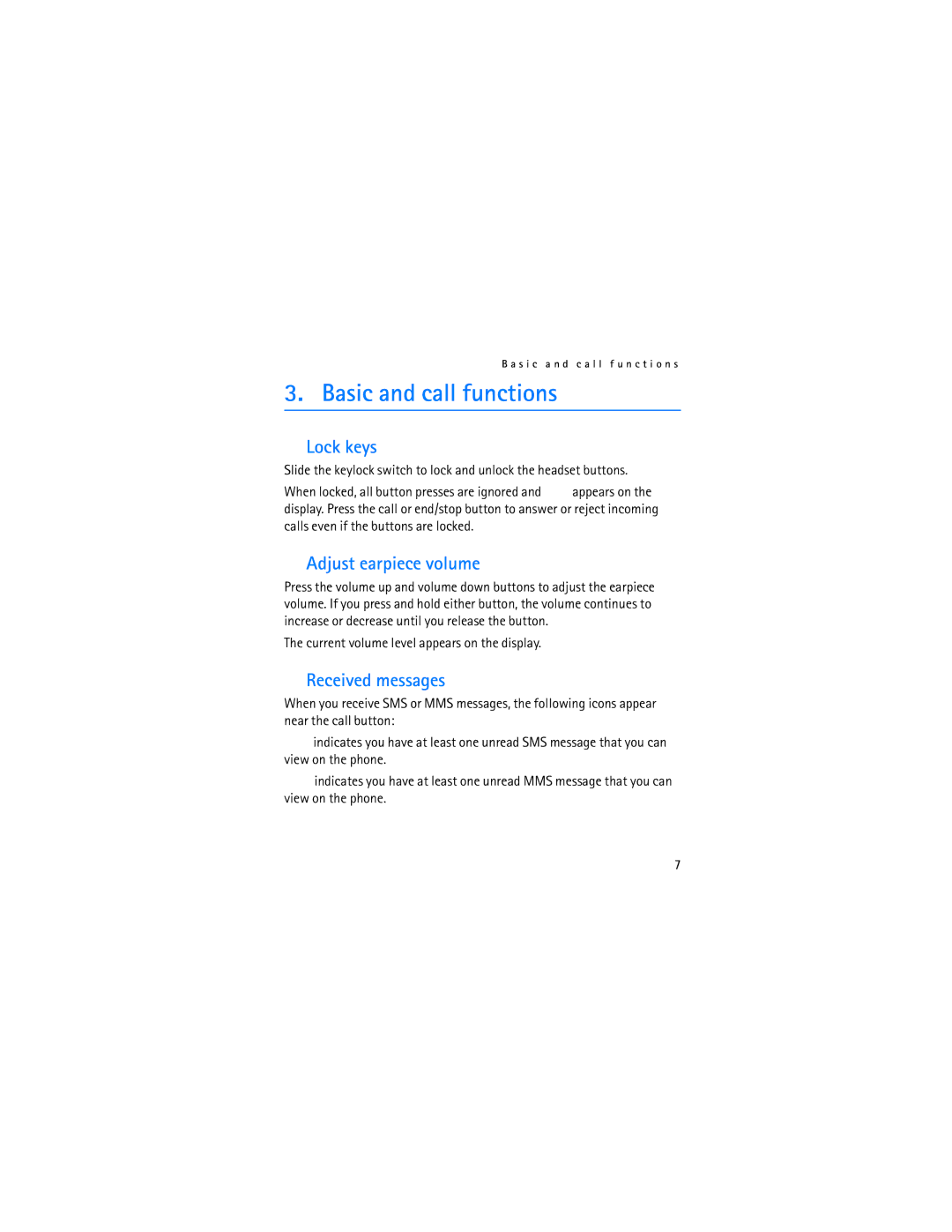 Nokia HS-69 manual Basic and call functions, Lock keys, Adjust earpiece volume, Received messages 