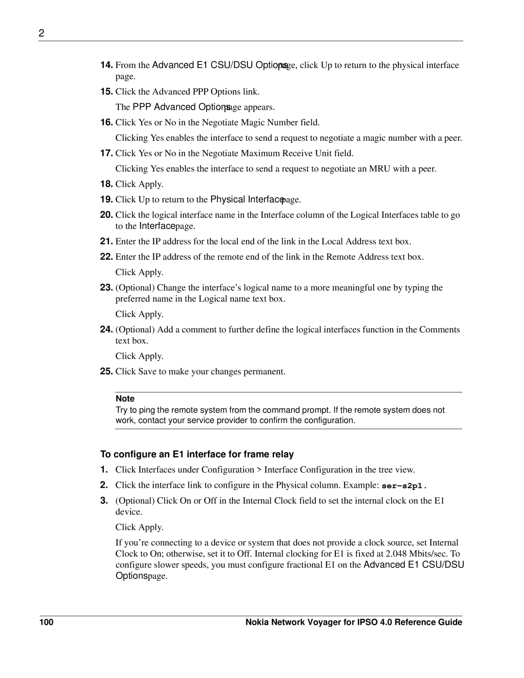 Nokia IPSO 4.0 manual To configure an E1 interface for frame relay, 100 