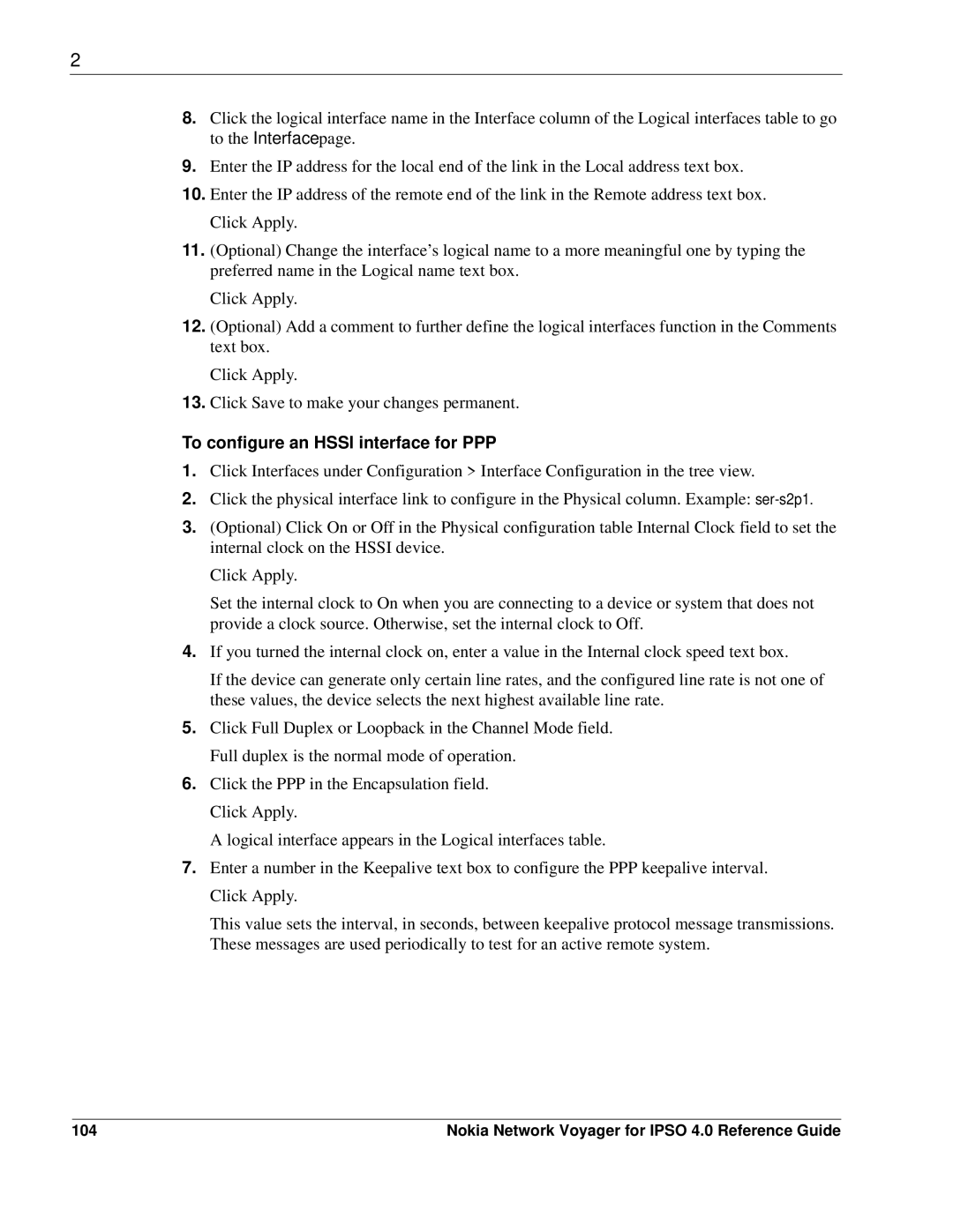 Nokia IPSO 4.0 manual To configure an Hssi interface for PPP, 104 