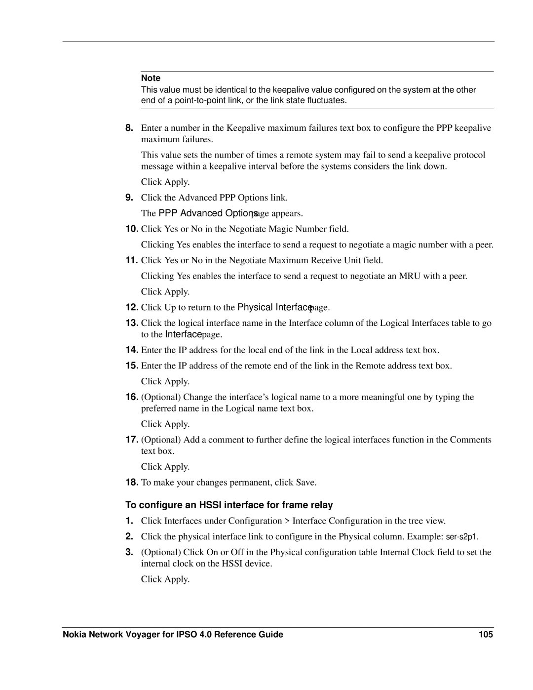 Nokia IPSO 4.0 To configure an Hssi interface for frame relay, Nokia Network Voyager for Ipso 4.0 Reference Guide 105 