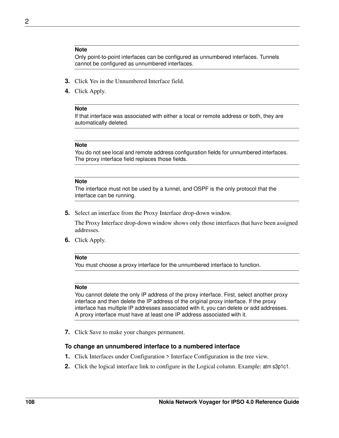 Nokia IPSO 4.0 manual To change an unnumbered interface to a numbered interface, 108 