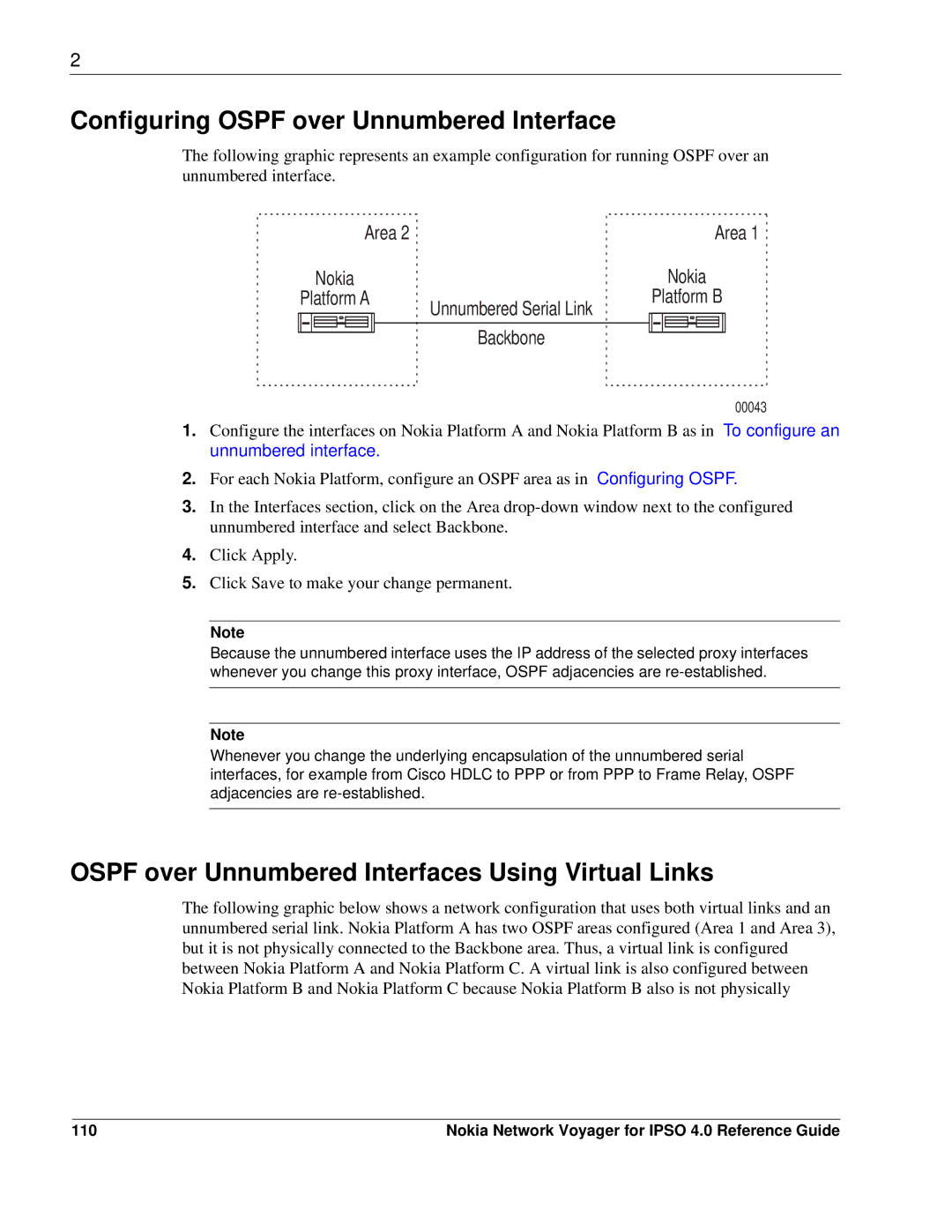 Nokia IPSO 4.0 manual Configuring Ospf over Unnumbered Interface, Ospf over Unnumbered Interfaces Using Virtual Links, 110 