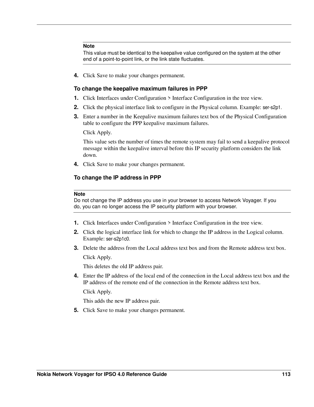 Nokia IPSO 4.0 manual To change the keepalive maximum failures in PPP, To change the IP address in PPP 