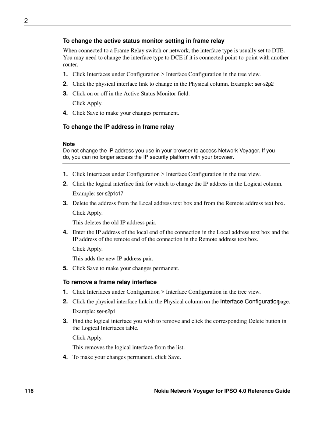 Nokia IPSO 4.0 To change the active status monitor setting in frame relay, To change the IP address in frame relay, 116 