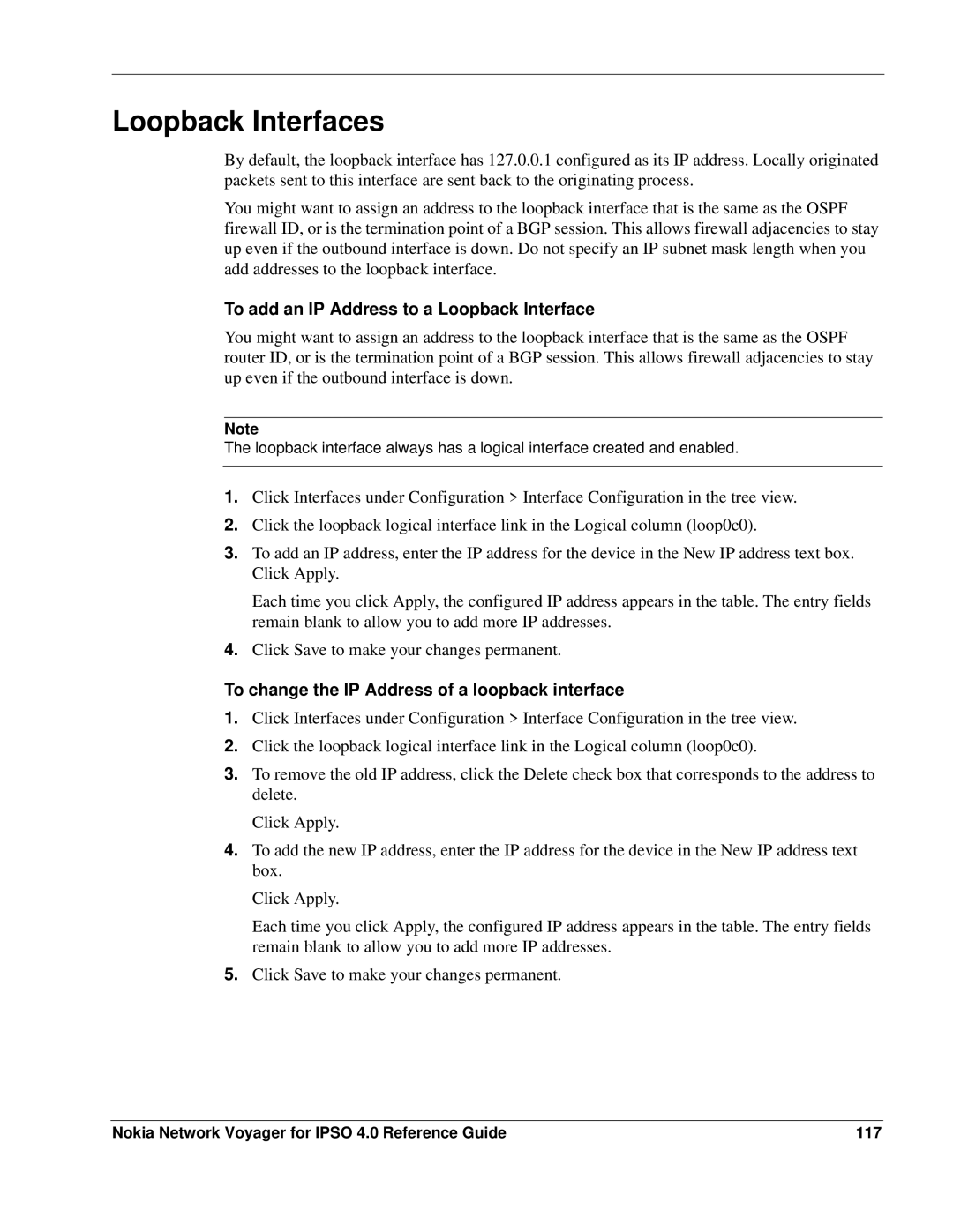 Nokia IPSO 4.0 manual Loopback Interfaces, To add an IP Address to a Loopback Interface 