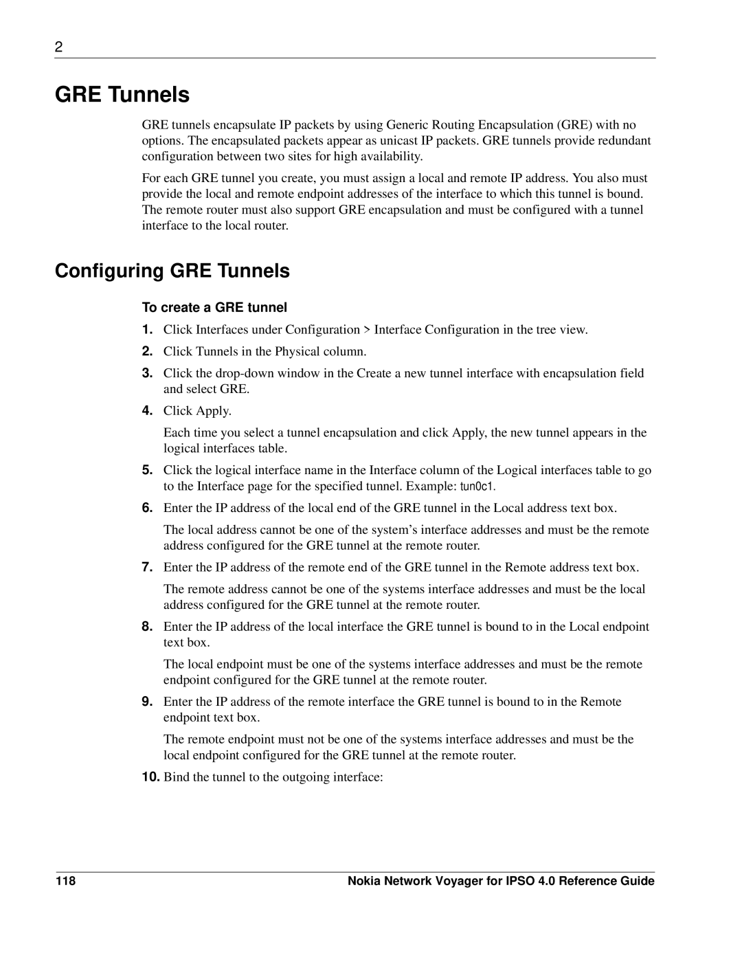 Nokia IPSO 4.0 manual Configuring GRE Tunnels, To create a GRE tunnel, 118 