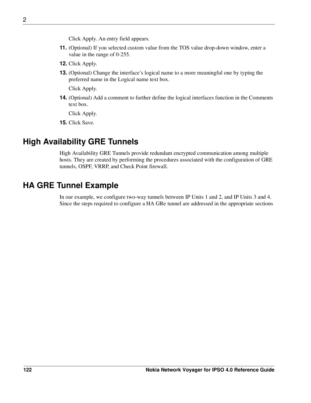 Nokia IPSO 4.0 manual High Availability GRE Tunnels, HA GRE Tunnel Example, 122 