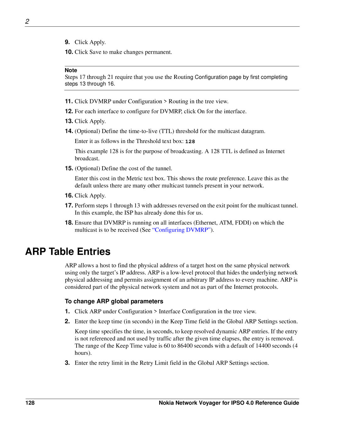 Nokia IPSO 4.0 manual ARP Table Entries, To change ARP global parameters, 128 