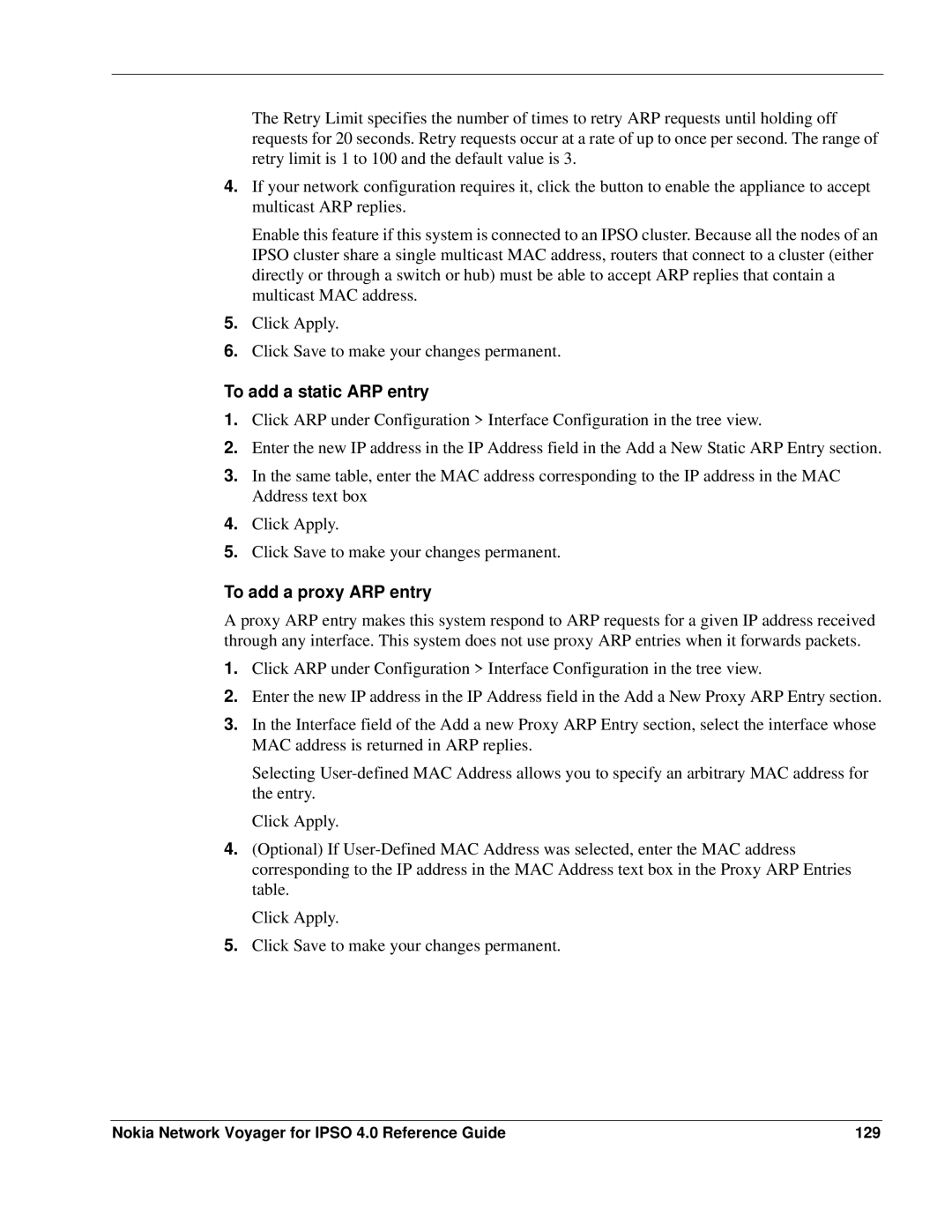 Nokia IPSO 4.0 To add a static ARP entry, To add a proxy ARP entry, Nokia Network Voyager for Ipso 4.0 Reference Guide 129 