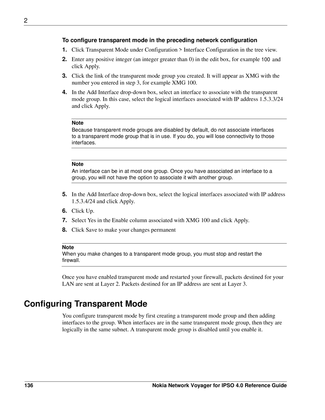 Nokia IPSO 4.0 manual Configuring Transparent Mode, 136 